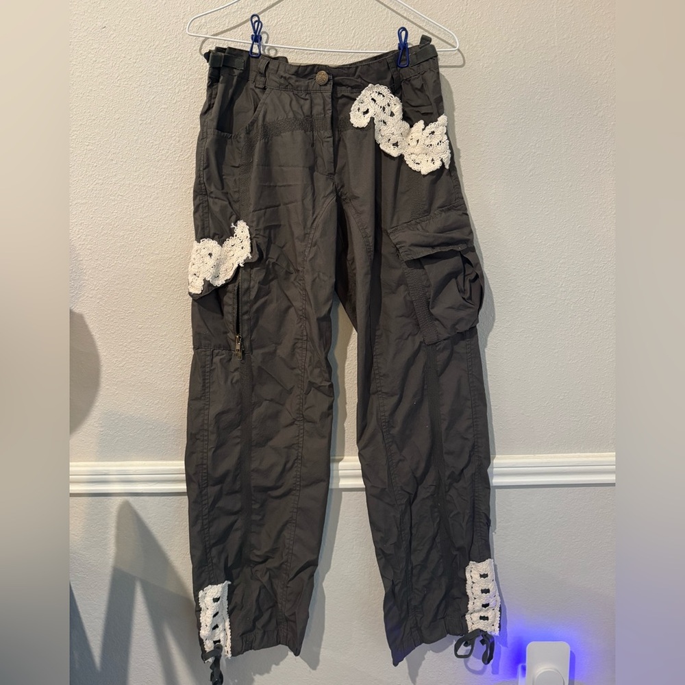 Freda Five Boho Charcoal Gray Cargo Pants with White Lace Embroidered Accents